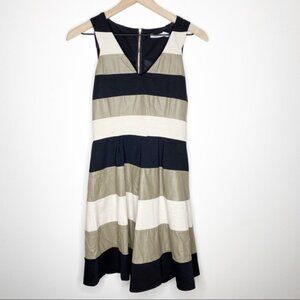 Lucy Paris Black Tan Cream Striped Sleeveless Fit Flare Knee Length Dress